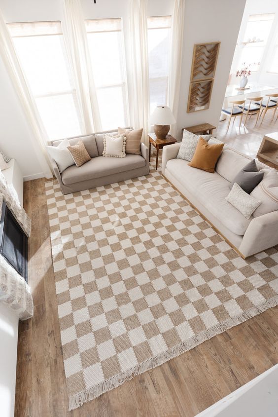 beige checkered rug