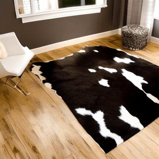 faux cowhide area rug in office room