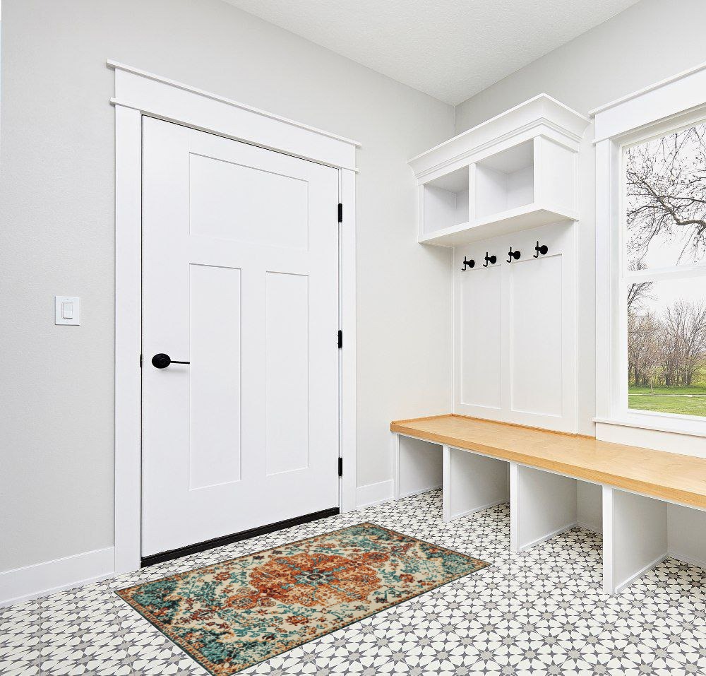 Boho Bathroom Rug,Non-Slip Distressed Entry Accent Ma in White Modern Entryway