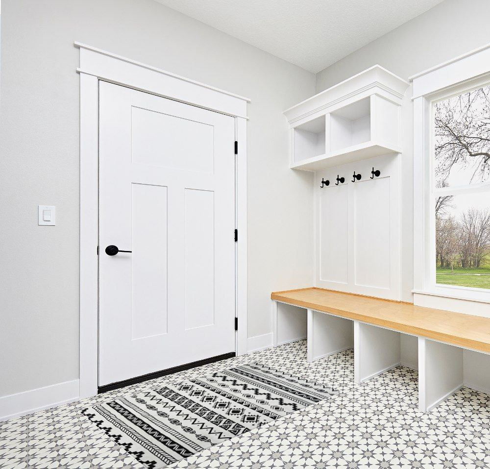 Lahome Boho Geometric Washable Area Rug in White Modern Entryway