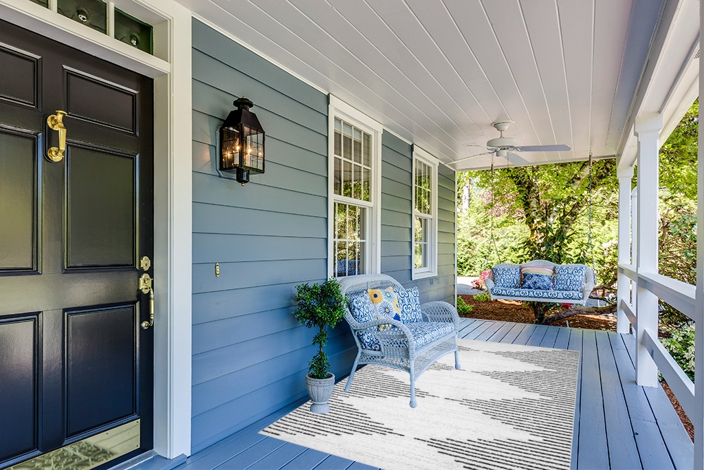 Washable Diamond Stripes Area Rug in Light Blue Patio