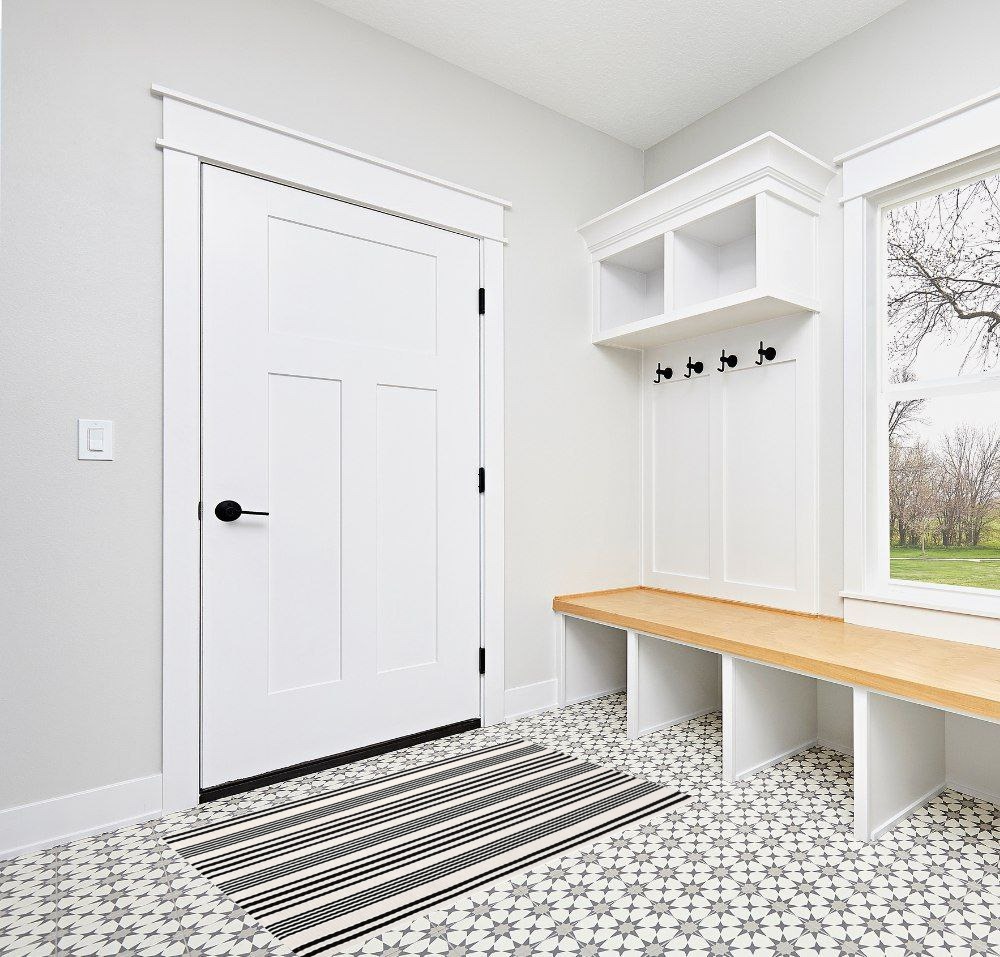 White Striped Farmhouse Washable Porch Area Rug in White Modern Entryway