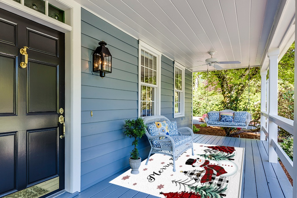 Christmas Snowman Area Rug for Living Room, Rectangular Indoor Carpet - 5' x 8', Winter Snowflake Xmas Tree Plaid Non-Skid Bathroom Mat Kitchen Runner Rugs for Bedroom in Light Blue Patio
