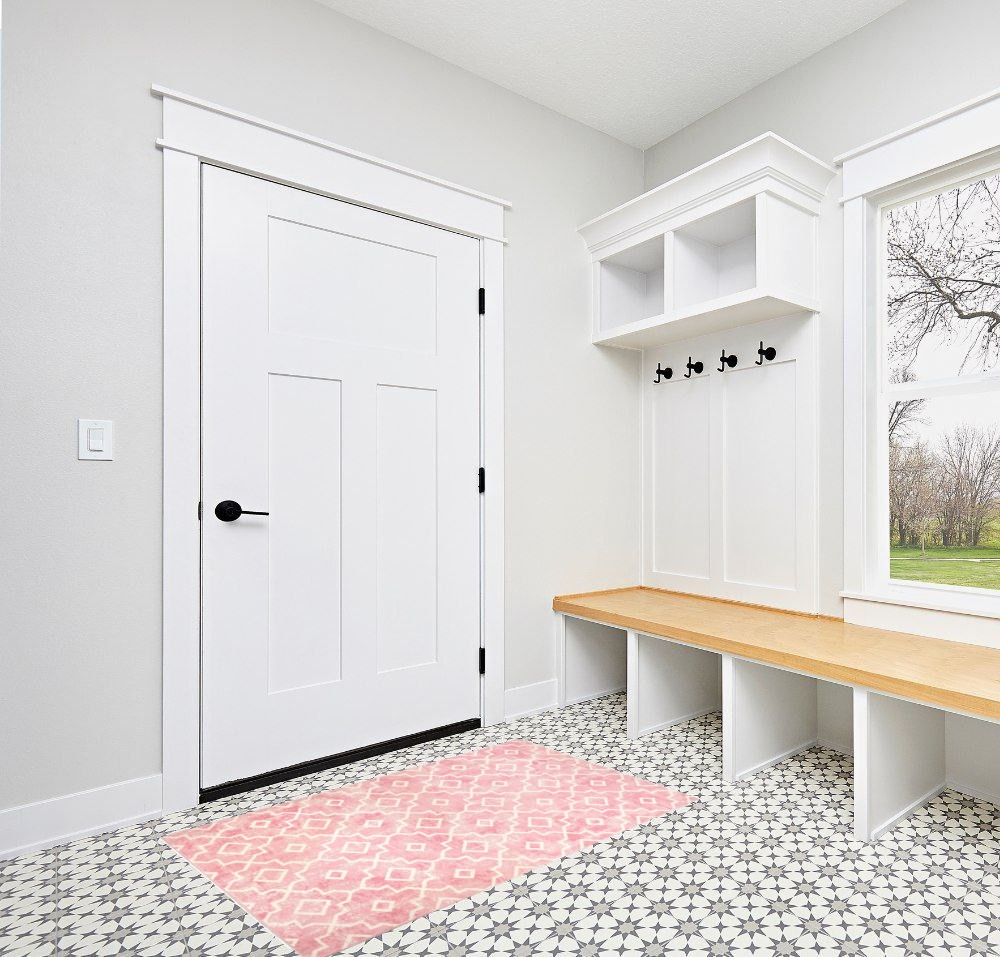 Nursery Rug Pink Non-Slip in White Modern Entryway