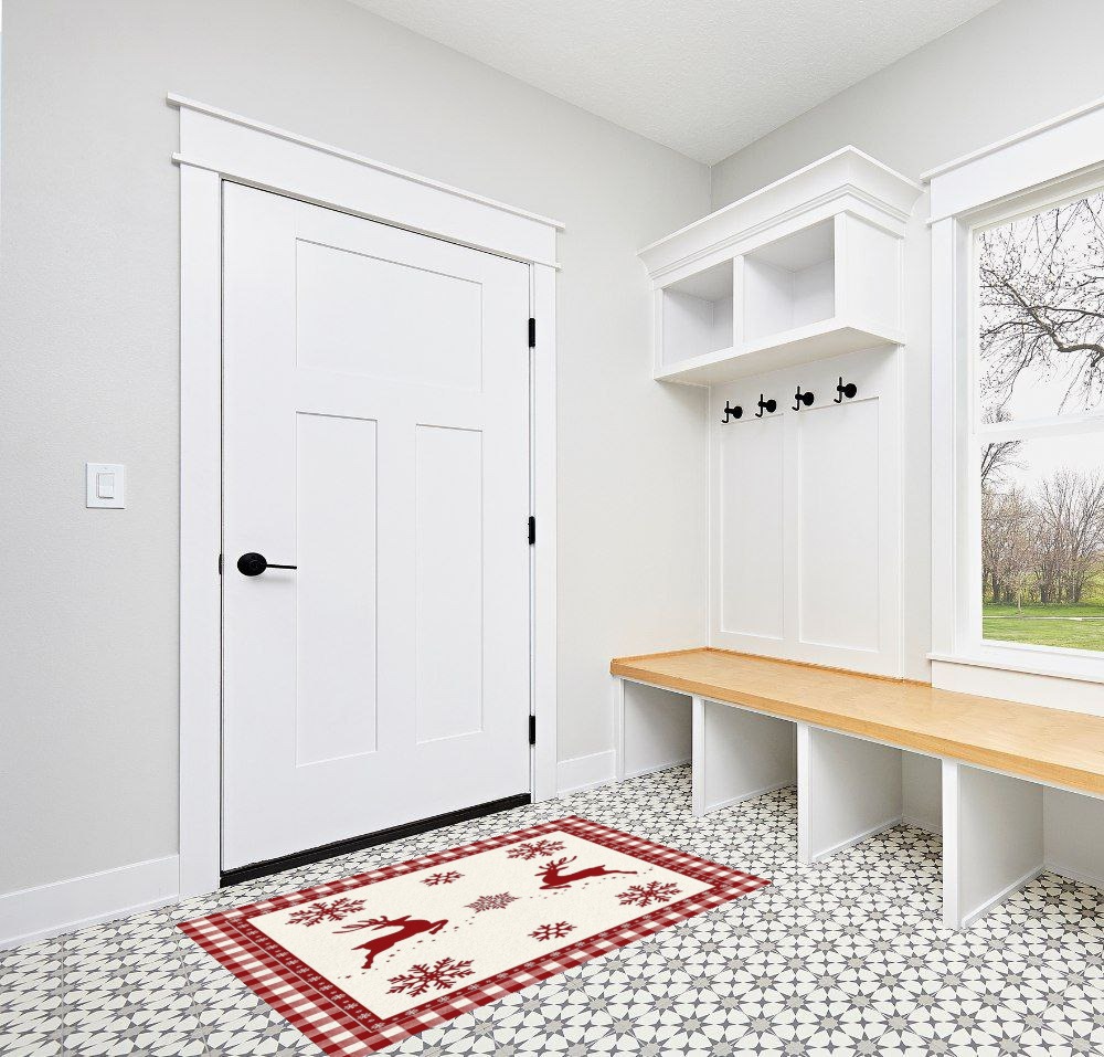 Area Rug, Winter Snowflake Elk Reindeer Red Buffalo Plaid Merry Christmas Rug, 2x3 Feet Rugs for Living Room Bedroom Kids Room Kids Room Nursery Classroom, Non-Slip Comrft Carpet Washable Rug in White Modern Entryway