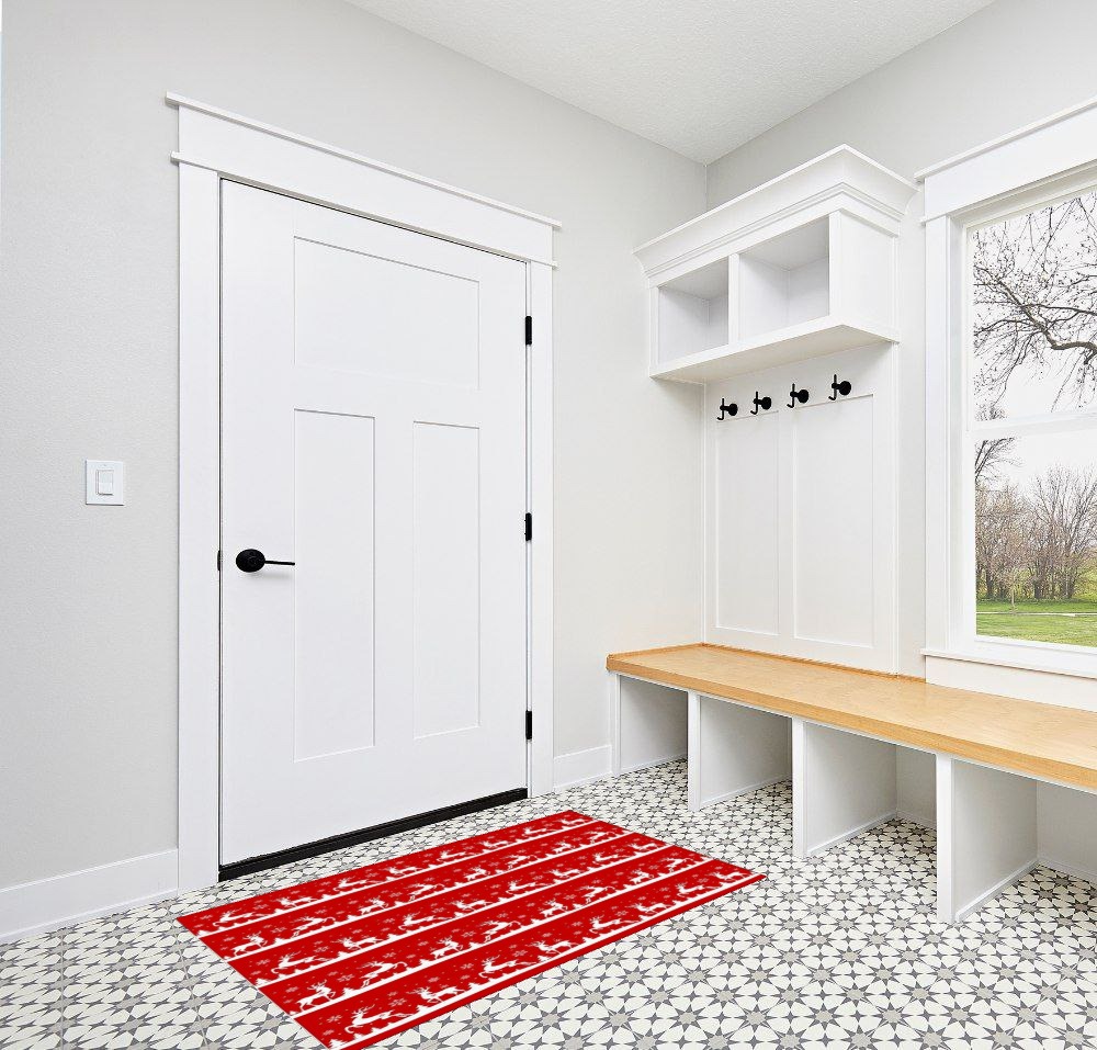 Area Rug, Xmas Elk Reindeer Winter Snoflake Xmas Tree Red Merry Christmas Rug, 2x3 Feet Rugs for Living Room Bedroom Kids Room Kids Room Nursery Classroom, Non-Slip Comrft Carpet Washable Rug in White Modern Entryway