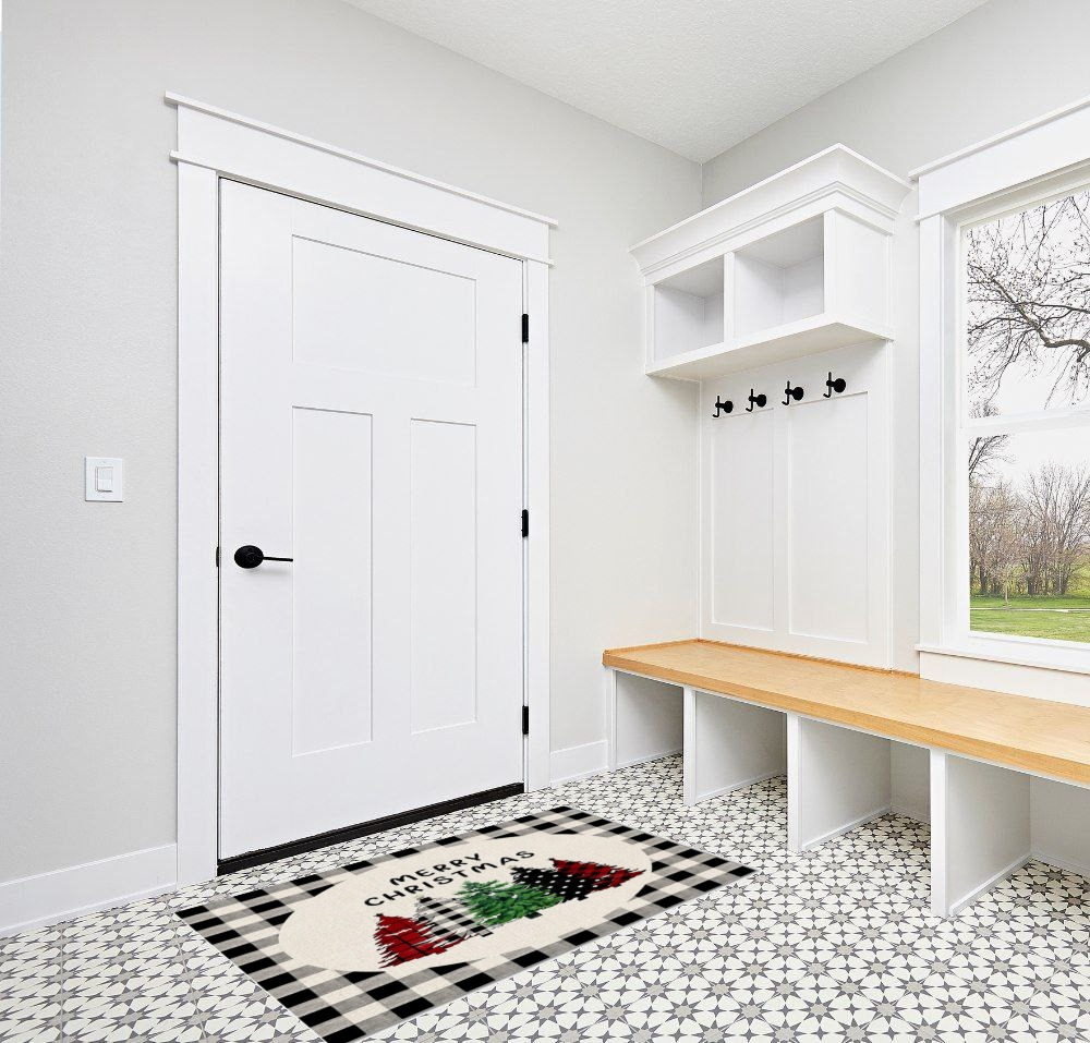 Area Rug, Black Buffalo Plaid Xmas Tree Merry Christmas Rug, 2x3 Feet Rugs for Living Room Bedroom Kids Room Kids Room Nursery Classroom, Non-Slip Comrft Carpet Washable Rug in White Modern Entryway