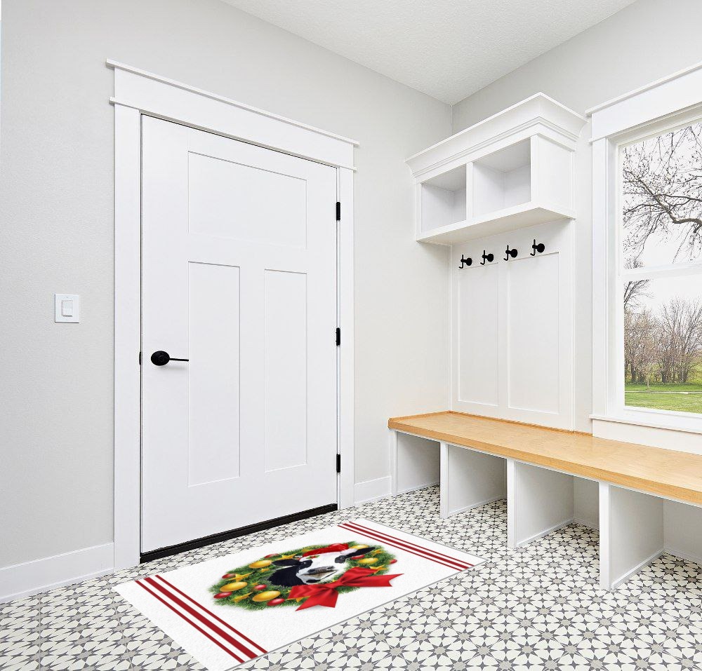 Area Rug, Bow Wreath Colorful Balls Cow Christmas Rug, 2x3 Feet Rugs for Living Room Bedroom Kids Room Kids Room Nursery Classroom, Non-Slip Comrft Carpet Washable Rug in White Modern Entryway