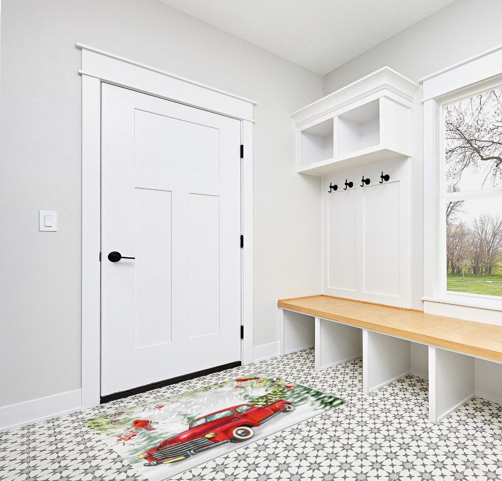 Area Rug, Snowflake Winter Cardinals Xmas Tree Vintage Red Truck Merry Christmas Rug, 2x3 Feet Rugs for Living Room Bedroom Kids Room Kids Room Nursery Classroom, Non-Slip Comrft Carpet Washable Rug in White Modern Entryway
