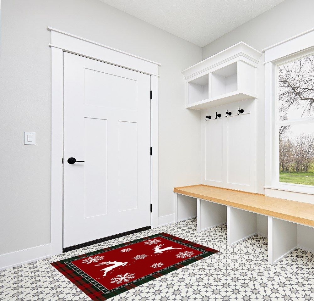 Area Rug, Winter Snowflake Elk Reindeer Red Buffalo Plaid Merry Christmas Rug, 2x3 Feet Rugs for Living Room Bedroom Kids Room Kids Room Nursery Classroom, Non-Slip Comrft Carpet Washable Rug in White Modern Entryway