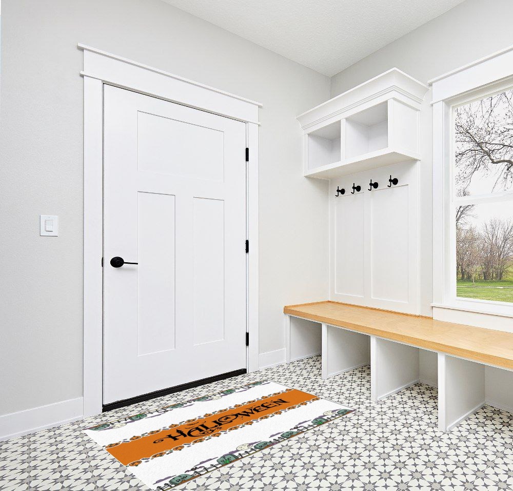 Large Area Rug, Halloween Non-Slip Indoor Accent Area Carpet, Fall Pumpkin Black Bats Tombstone White Fluffy Shaggy Runner Rug for Living Room, Bedroom, Kids Room, 2'7"x 5" in White Modern Entryway