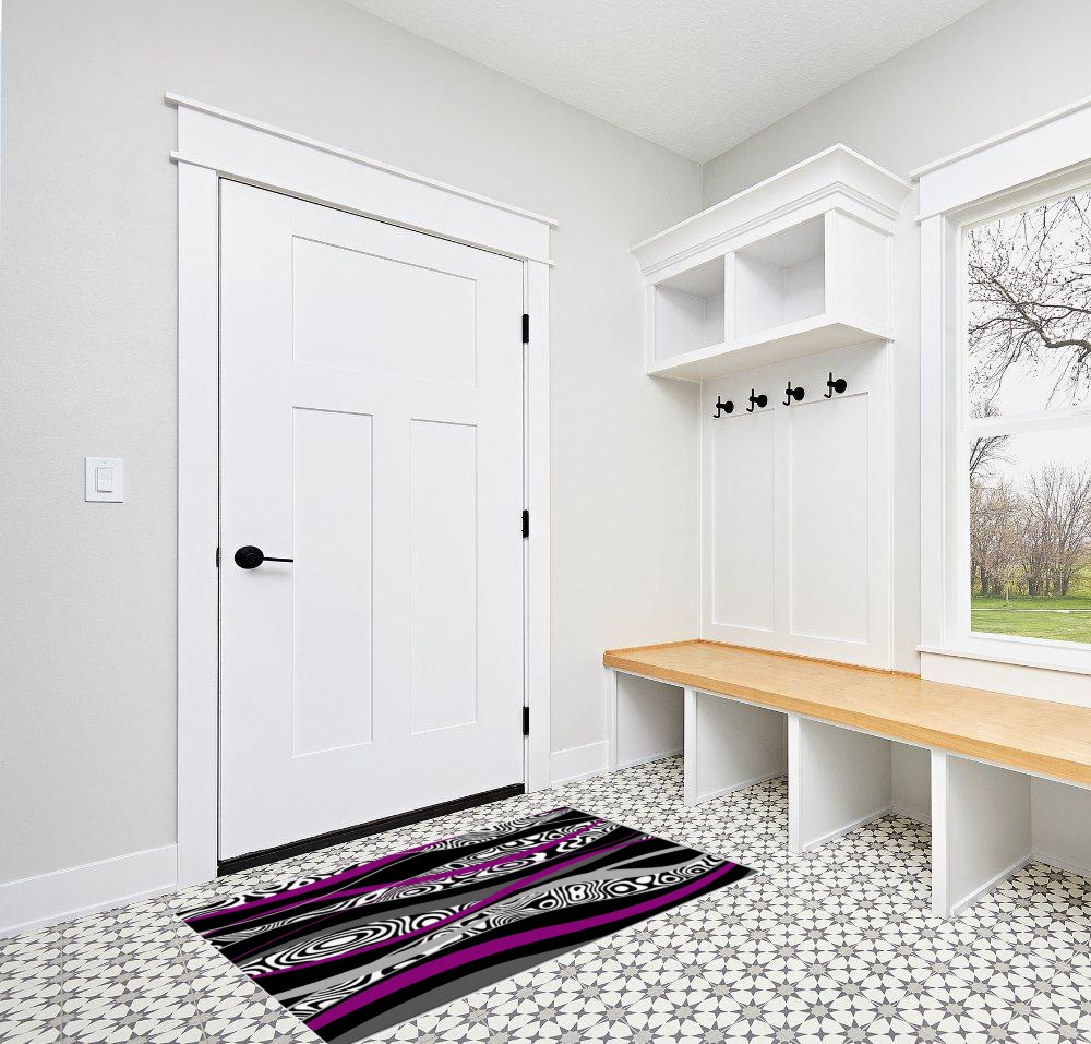 Large Area Rug, Purple Geometric Non-Slip Indoor Accent Area Carpet, Black White Moire Modern Abstract Art Fluffy Shaggy Runner Rug for Living Room, Bedroom, Kids Room, 2'7"x 5" in White Modern Entryway