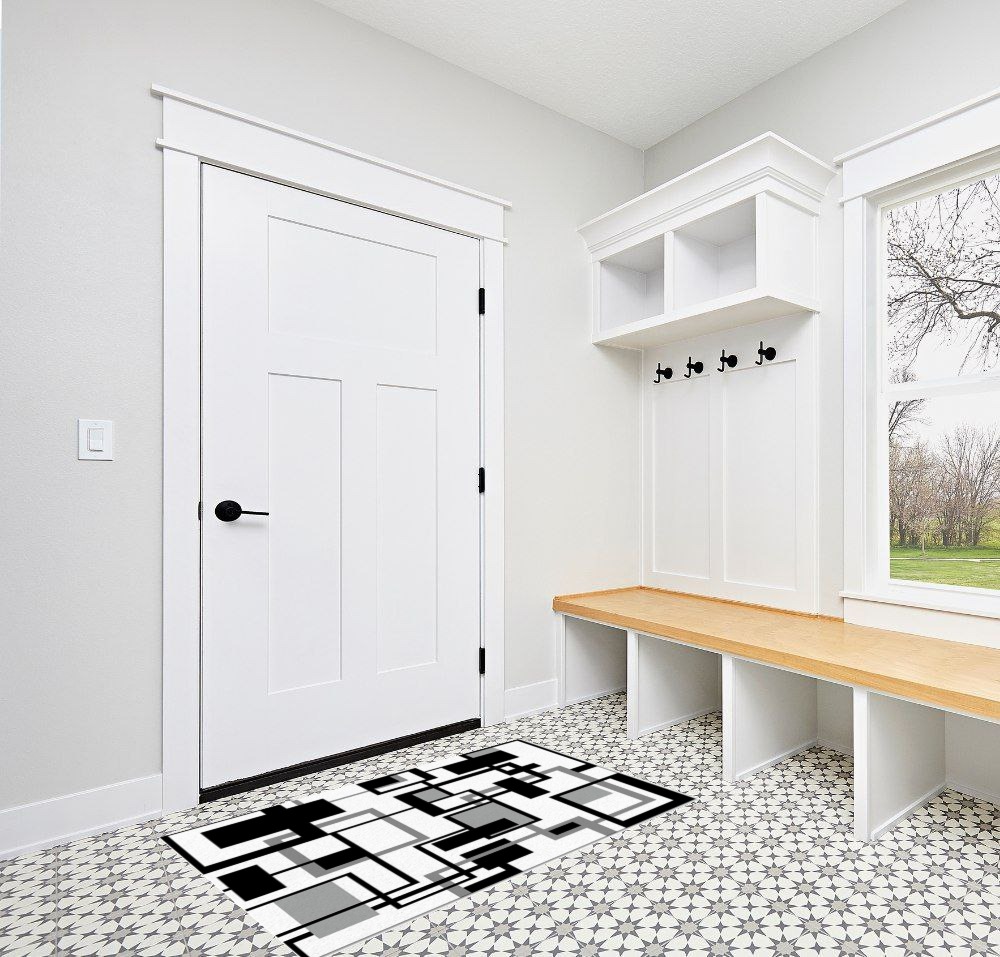 Large Area Rug, Black Grey Geometric Non-Slip Indoor Accent Area Carpet, Modern Abstract Art White Fluffy Shaggy Runner Rug for Living Room, Bedroom, Kids Room, 2'7"x 5" in White Modern Entryway