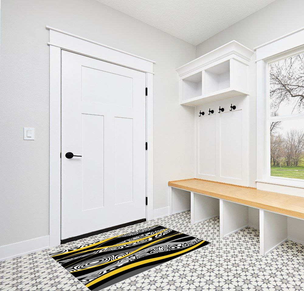 Large Area Rug, Yellow Geometric Non-Slip Indoor Accent Area Carpet, Black White Moire Modern Abstract Art Fluffy Shaggy Runner Rug for Living Room, Bedroom, Kids Room, 2'7"x 5" in White Modern Entryway