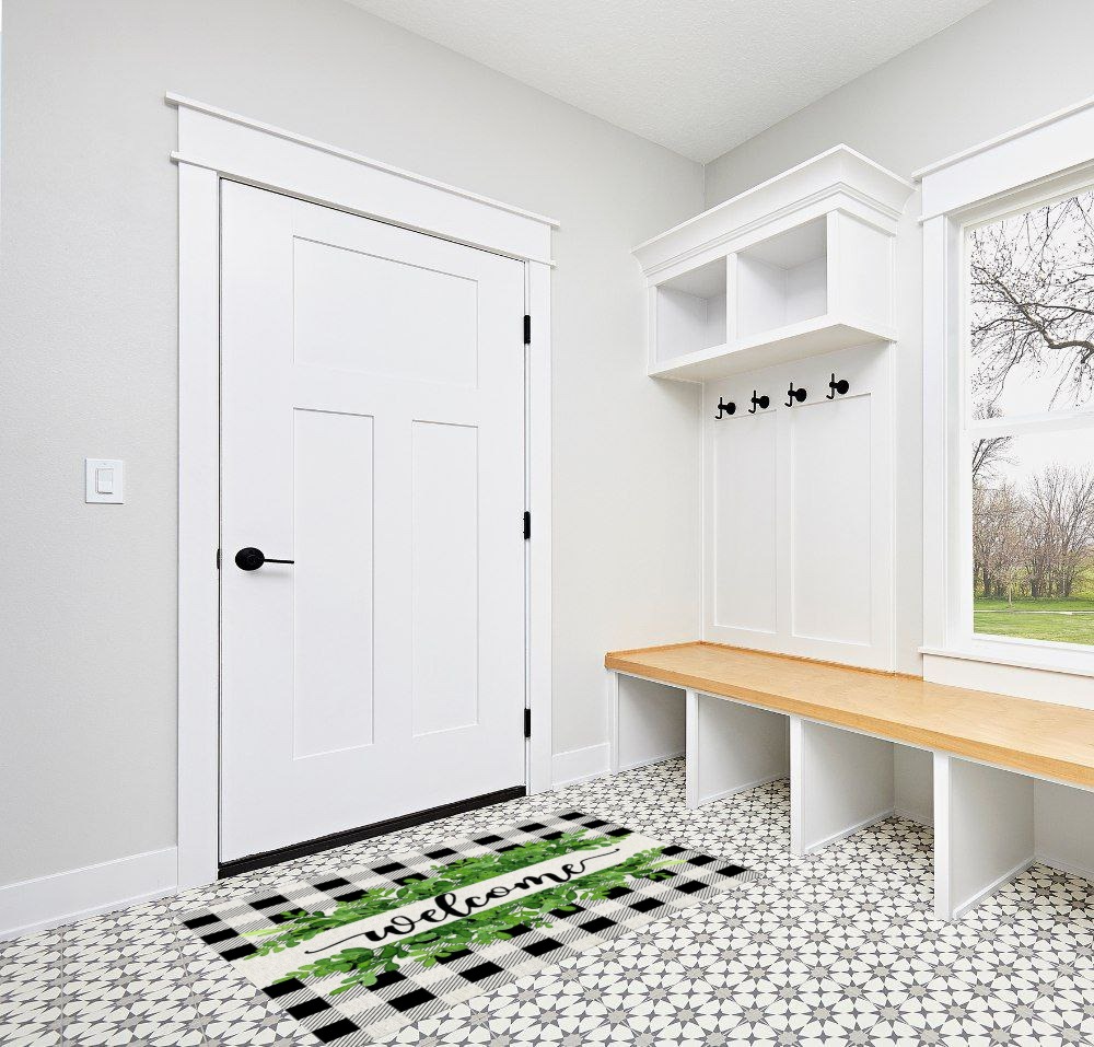 Large Area Rug, Summer Botanical Non-Slip Indoor Accent Area Carpet, Welcome Black White Plaid Green Leaf Fluffy Shaggy Runner Rug for Living Room, Bedroom, Kids Room, 2'7"x 5" in White Modern Entryway
