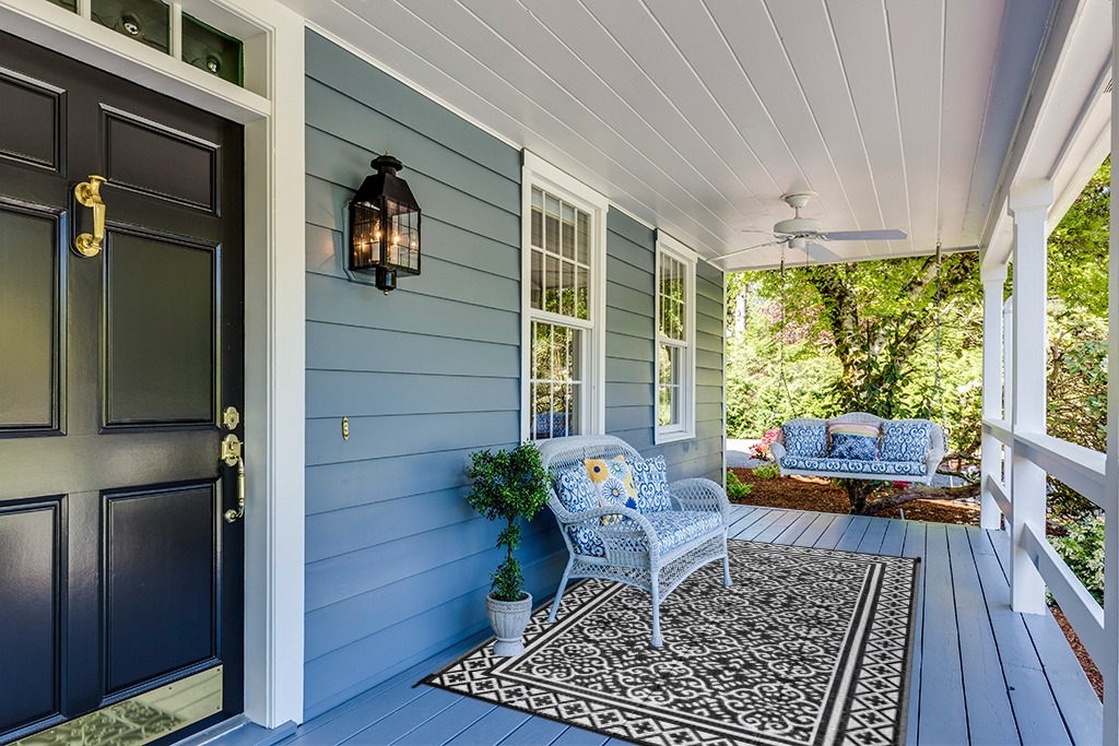 Outdoor Patio Rug Waterproof Camping - Outdoor Rugs Outdoor Carpet, Plastic Straw Area Rug for Patios Clearance RV, Outside Porch Rug Balcony Rug RV Rug Deck Rug for Camper, Classic Black 5x8 ft in Light Blue Patio