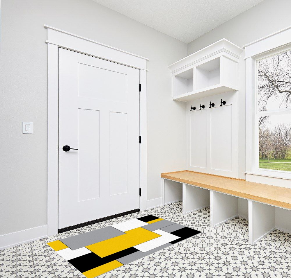 Washable Area Rug 3'x5', Yellow Black and Gray Geometric Pattern Modern Abstract Art Soft Indoor Outdoor Floor Carpet, Non-Slip Ultra-Thin Area Rugs for Living Room/Bedroom/Kitchen Aesthetic Decor in White Modern Entryway