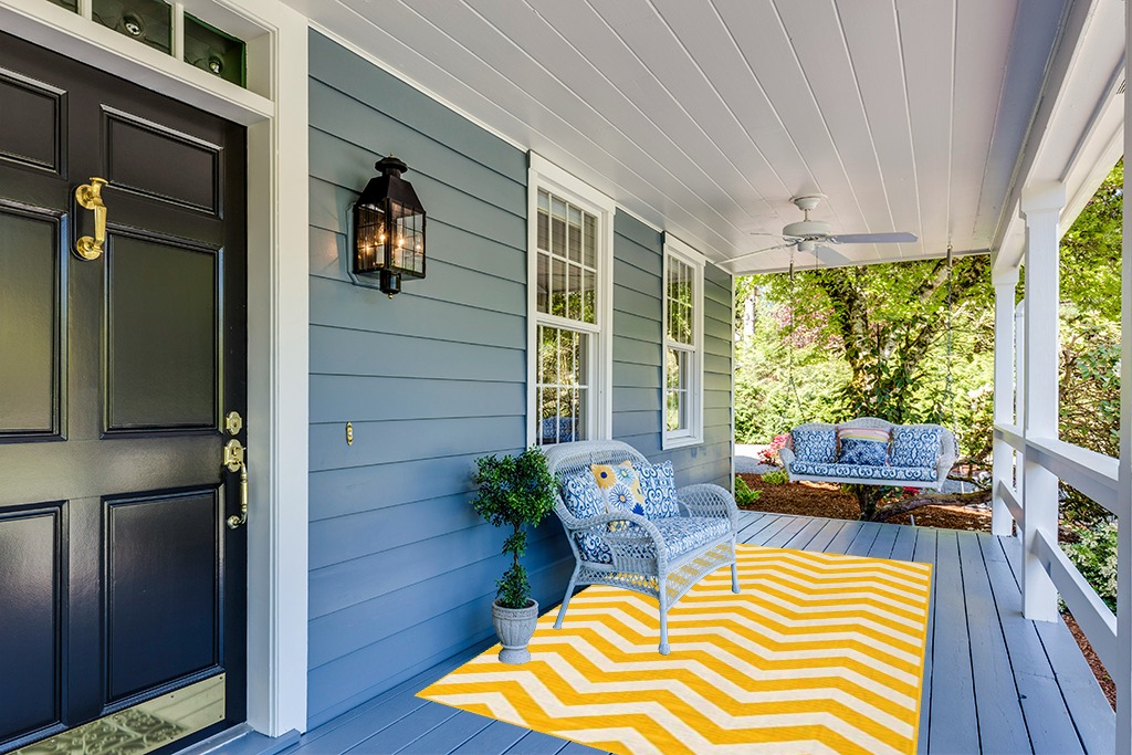 Unique Loom Outdoor Coastal Collection Area Rug - Dalgalar (5' 3" x 8' Rectangle, Yellow/ Ivory) in Light Blue Patio