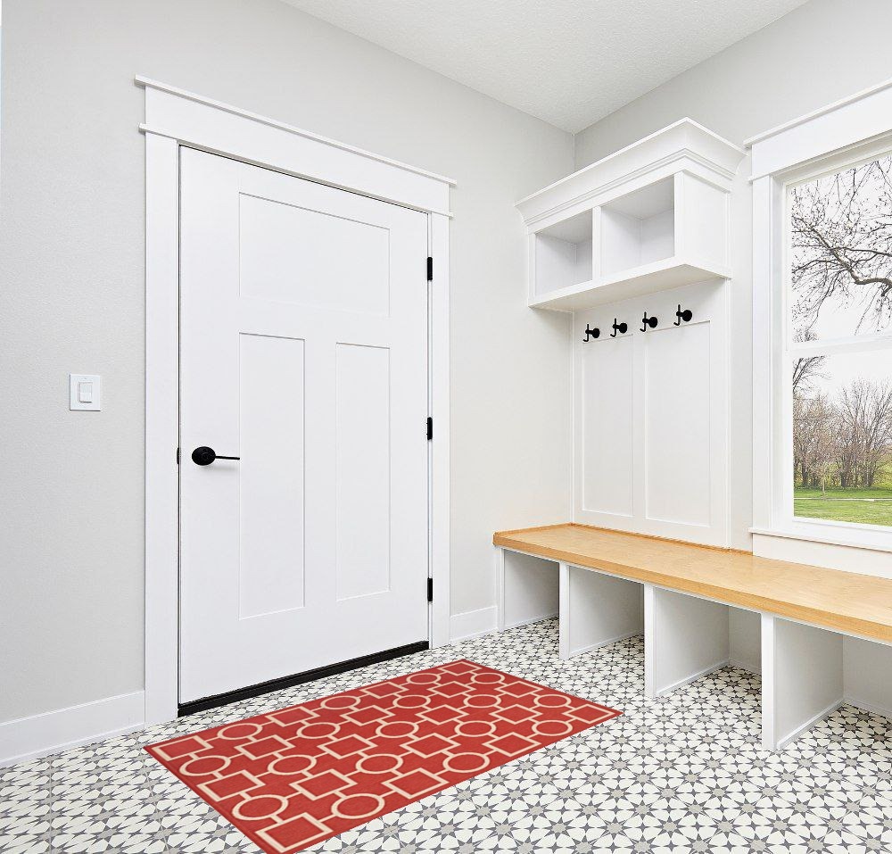 SAFAVIEH Courtyard Collection 2'7" x 5' Red/Bone CY6925 Indoor/ Outdoor Waterproof Easy Cleaning Patio Backyard Mudroom Area Rug in White Modern Entryway