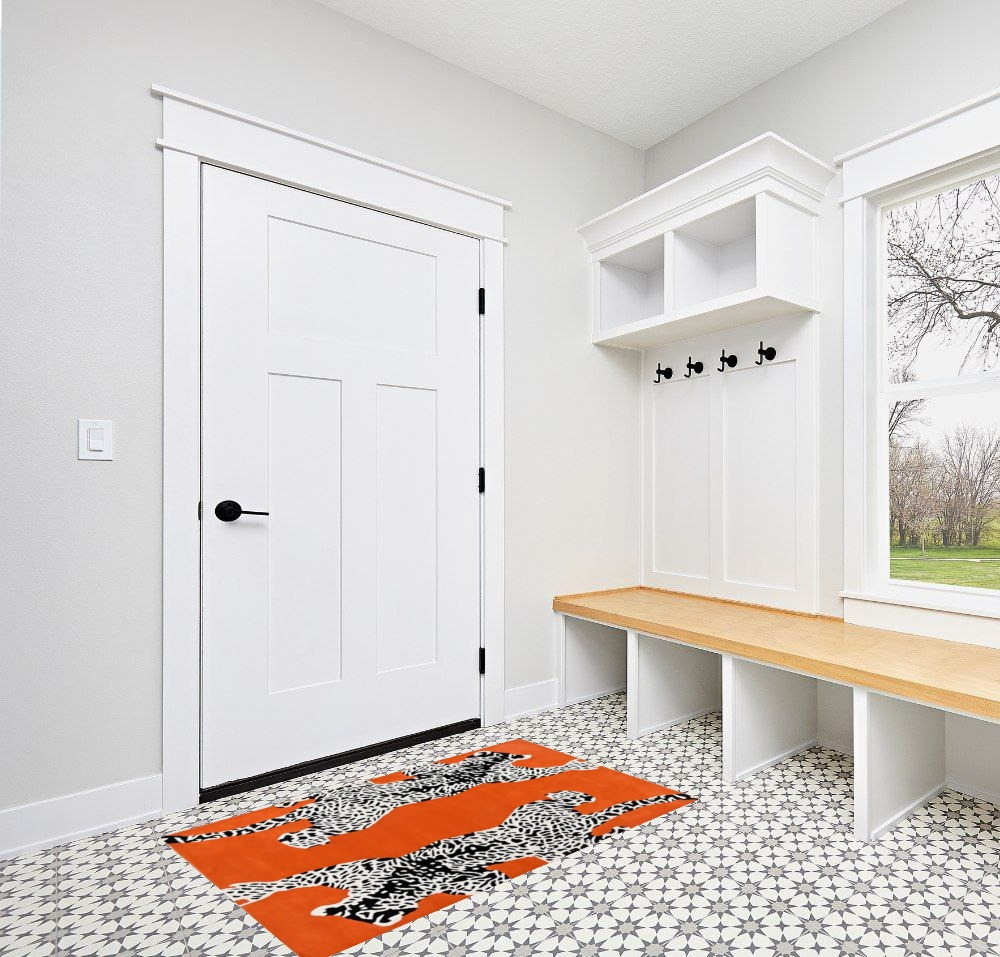 Restoration and Renovation Climbing Jaguar Modern Handmade Wool Rug for Living Room, Bedroom and Dining Room (Orange, 3x5) in White Modern Entryway