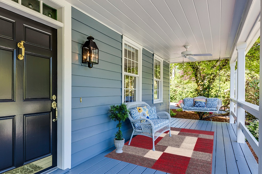 Modern Boxes Design Non-Slip (Non-Skid) Area Rug 5 X 7 (5' 3" X 7' 3") Red in Light Blue Patio