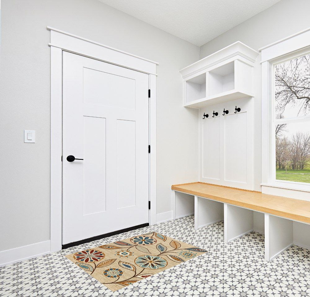 Maples Rugs Reggie Floral Kitchen Rug - Made in USA - Washable, Non Slip Throw Mats for Entryway and Foyer, 2'6 x 3'10, Beige in White Modern Entryway