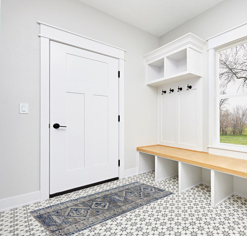 Tribal Geometric Blue Multicolor Runner in White Modern Entryway