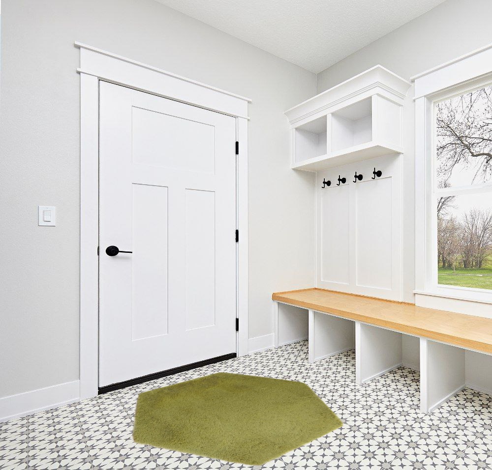 4.6 ft, Green fluffy rug in White Modern Entryway