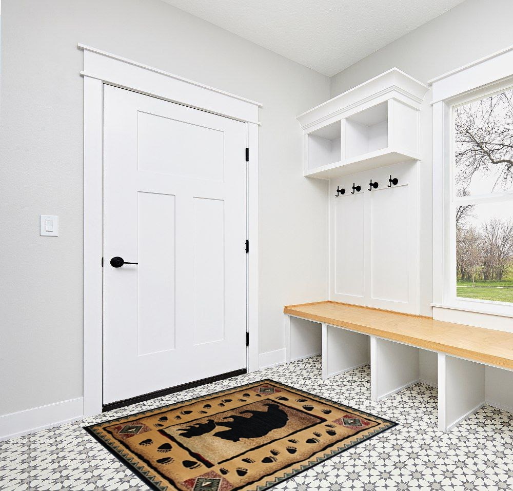 Rustic Lodge Log Cabin Bear and Cub Area Rug Carpet (3 Feet 10 Inch X 5 Feet 2 Inch) in White Modern Entryway