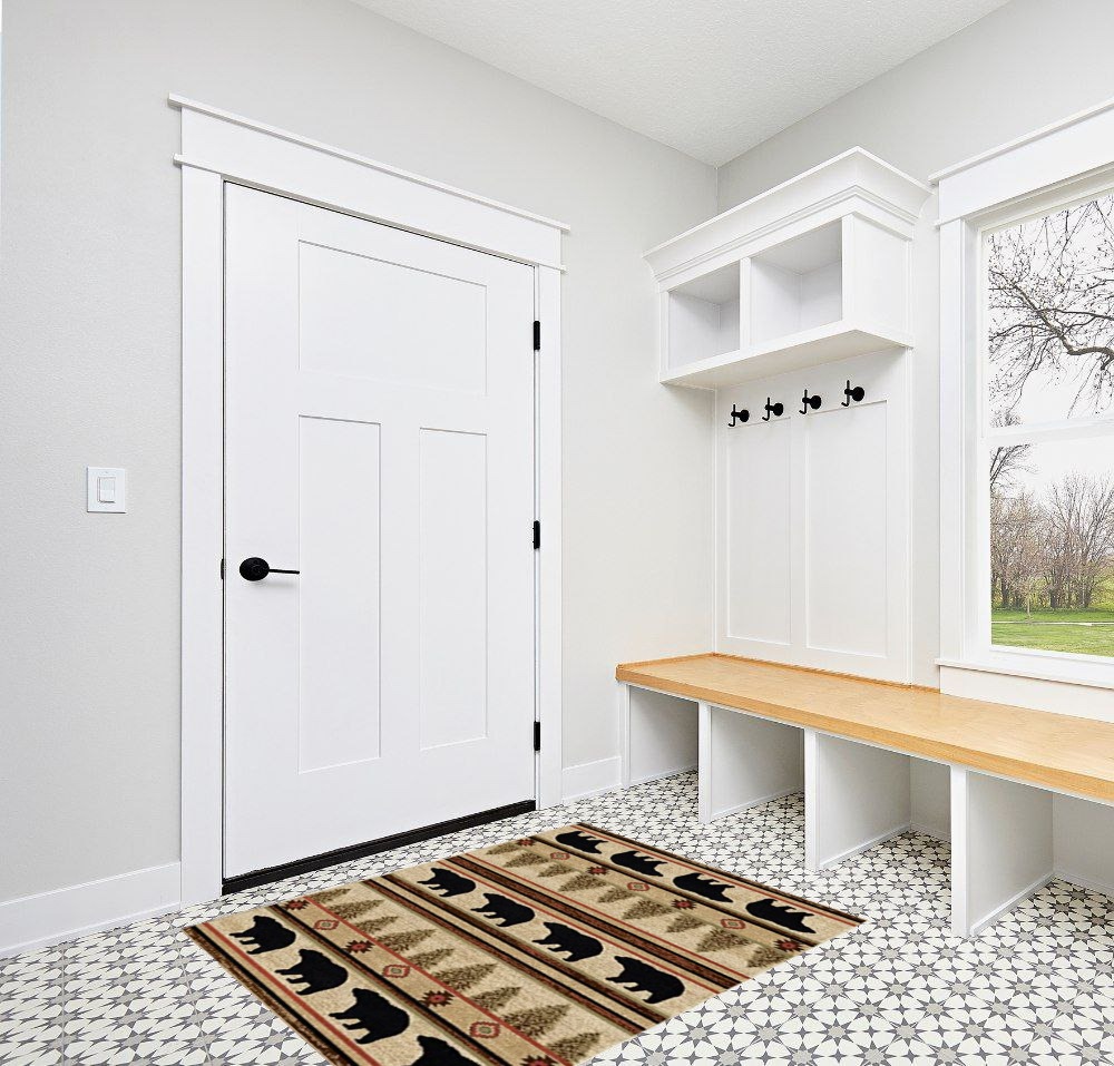 Rustic Lodge, Bear Cabin 4x5 Area Rug, 3'11"x5'3" Multi 7482 in White Modern Entryway