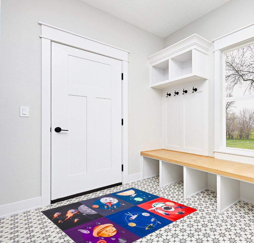 Prosumer's Choice Kids Space Themed Black Wool Rug - Non-Slip, Soft, and Durable | Perfect for Bedrooms, Playrooms, Nurseries | Solar System and Rocket Ship Design - 62.9'' x 47.2'' in White Modern Entryway
