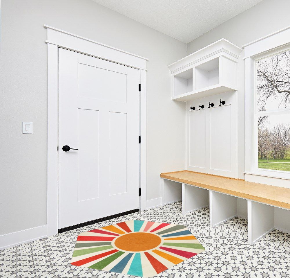 STARUIA Retro Sun Boho Rug for Bedroom,4'x 4'7"Hexagon Washable Colorful Kids Rug for Nursery Room,Ultra Soft Non-Slip Carpet Indoor Mat for Christmas Classroom Living Room Entryway in White Modern Entryway