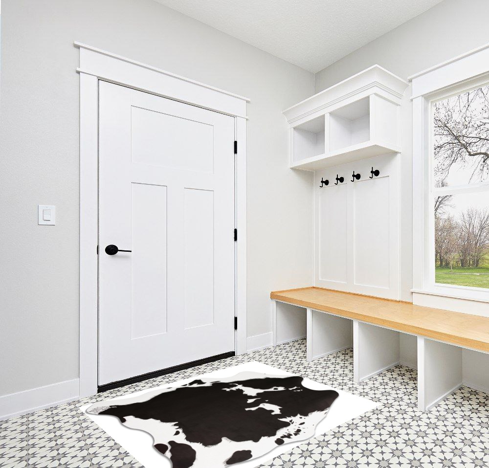 MACEVIA Faux Cowhide Rug Cute Cow Print Rug Animal Area Carpet Western Decor for Living Room Bedroom Non-Slip 59" L x 47.2" W(4.9ft x 3.9ft) Black and White in White Modern Entryway