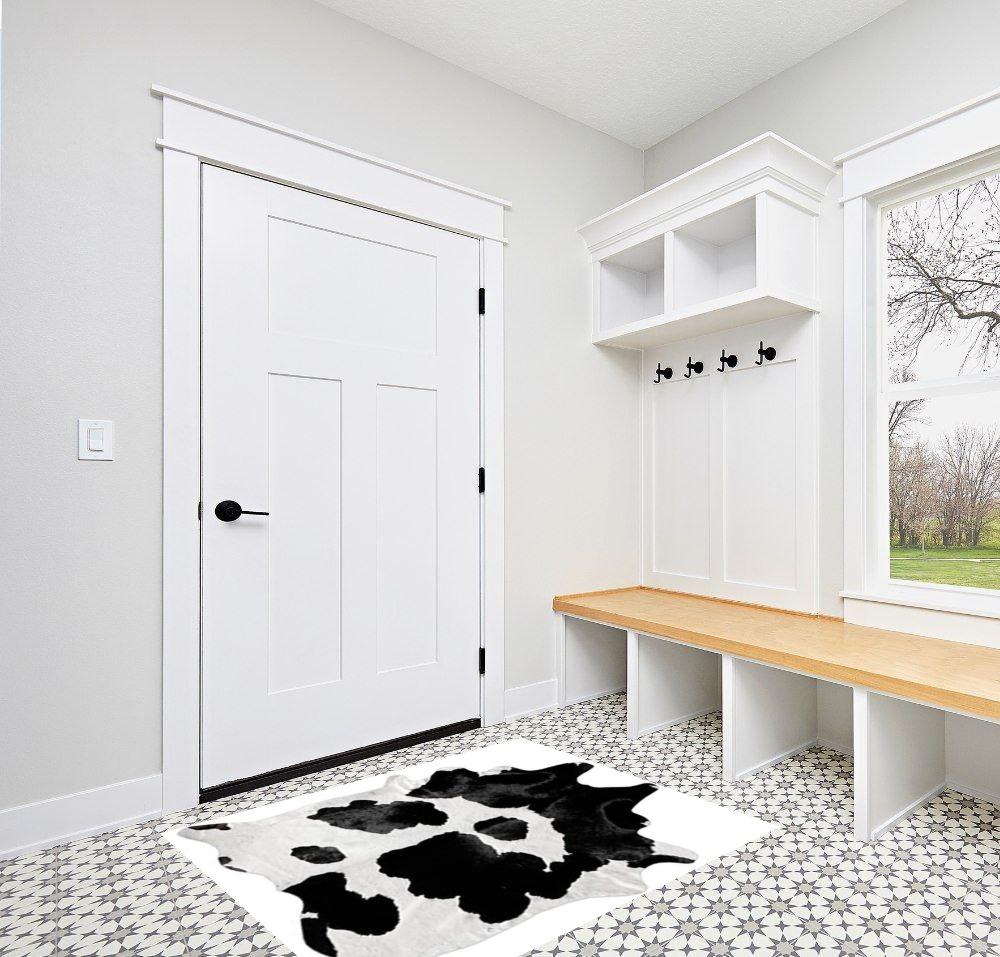 Black and White Cowhide Rug Natural Cow Skin Cow Hide Leather Area Rug Hair On, 5 ft X 4 ft Premium Black White Shed Free Natural Hide in White Modern Entryway