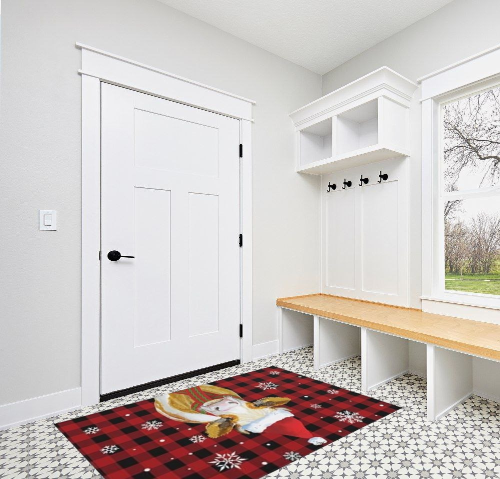 Christmas Red Black Plaid Area Rug 4' x 6', Outdoor Rugs for Patio Rug Carpet for Sofa Living Room Bedroom, Large Floor Mat and Rug for RV, Backyard, Deck, Picnic, Cattle with Xmas Hat in White Modern Entryway
