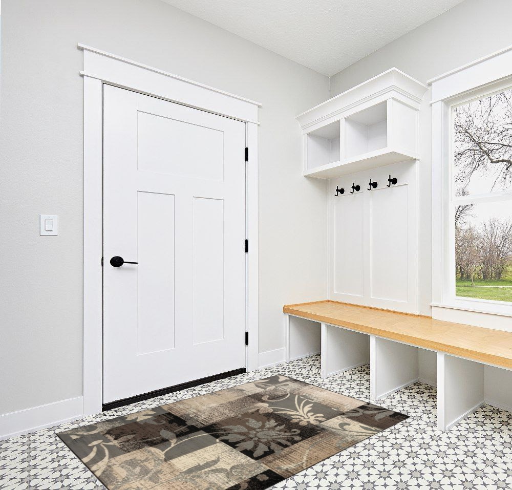 SUPERIOR Indoor Area Rug, Jute Backed, Perfect for Hallway, Entryway, Office, Living/Dining Room, Bedroom, Kitchen, Floor, Modern Floral Patchwork Decor, Pastiche Collection - 4ft x 6ft , Beige in White Modern Entryway