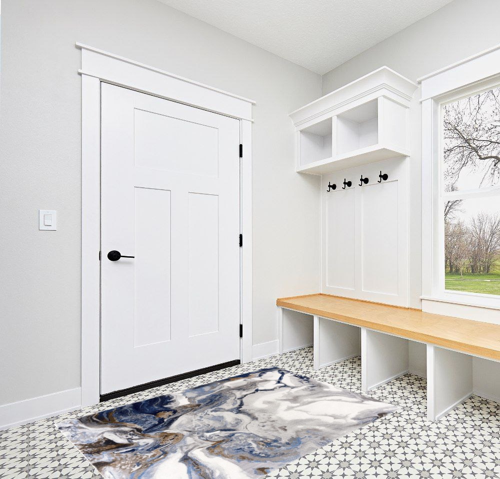 Abani Rugs Abstract Design 4’ x 6’ Bedroom Rug - Grey, Brown & Blue Modern Multi-Dimensional Non-Shedding Area Rug in White Modern Entryway