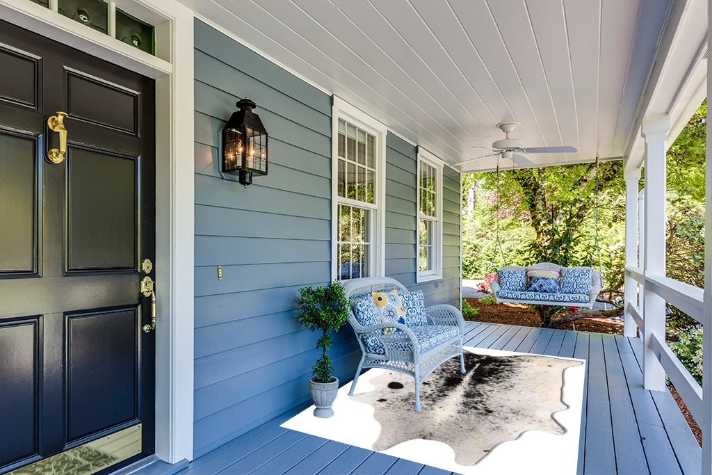 Cowhide Area Rug in Light Blue Patio