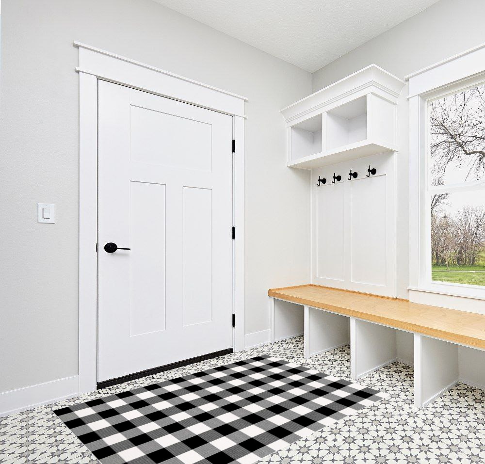 Buffalo Plaid x Rug Inch for Layered Hello Door Mats Washable Black and White Checked Outdoor Rugs Carpet Front Entryway (Black White, 48 x 72 Inch) in White Modern Entryway