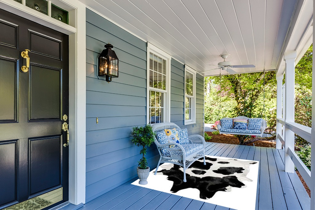 Black and White Cowhide Rug Natural Cow Skin Cow Hide Leather Area Rug Hair On, Large 5 ft X 6 ft Premium Black White Shed Free Natural Hide in Light Blue Patio