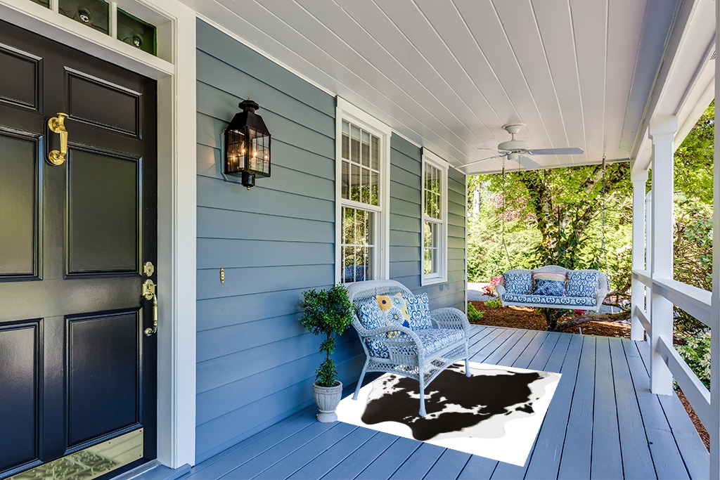 MACEVIA Faux Cowhide Rug Cute Cow Print Rug Animal Area Carpet Western Decor for Living Room Bedroom Non-Slip 59" L x 47.2" W(4.9ft x 3.9ft) Black and White in Light Blue Patio