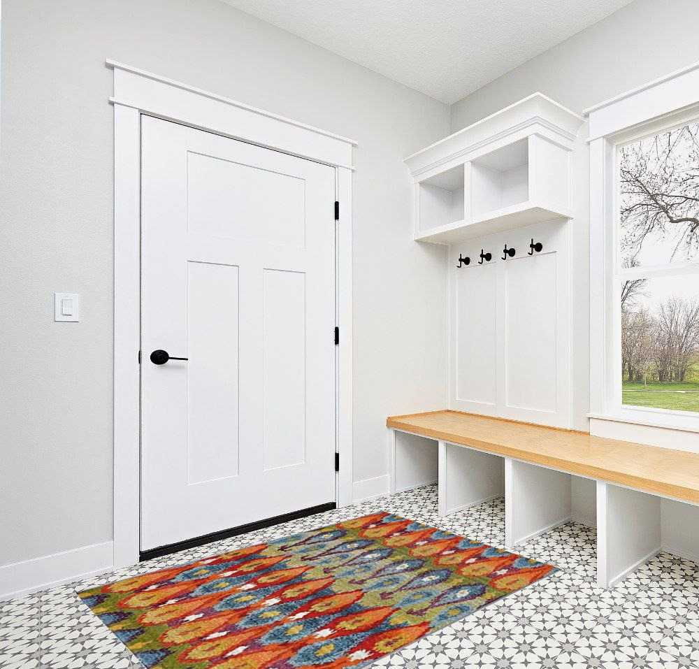 Unique Loom Outdoor Modern Collection Area Rug - Ikat (4' 1" x 6' 1" Rectangle, Multi/ Burgundy) in White Modern Entryway