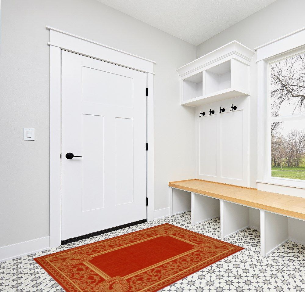 SAFAVIEH Courtyard Collection Accent Rug - 4' x 5'7", Red & Natural, Non-Shedding & Easy Care, Indoor/Outdoor & Washable-Ideal for Patio, Backyard, Mudroom (CY2965-3707) in White Modern Entryway
