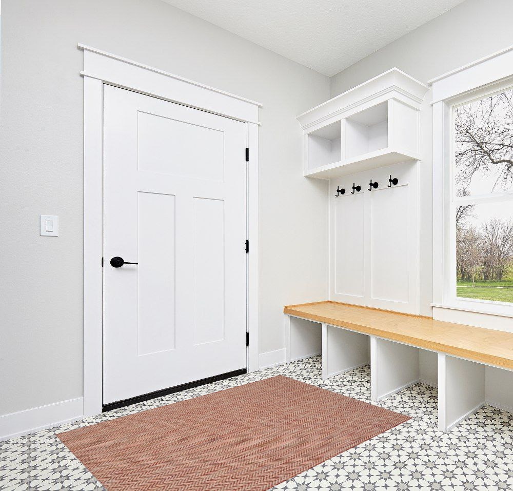 SAFAVIEH Courtyard Collection 4' x 5'7" Red/Beige CY8022 Indoor/ Outdoor Waterproof Easy-Cleaning Patio Backyard Mudroom Accent-Rug in White Modern Entryway