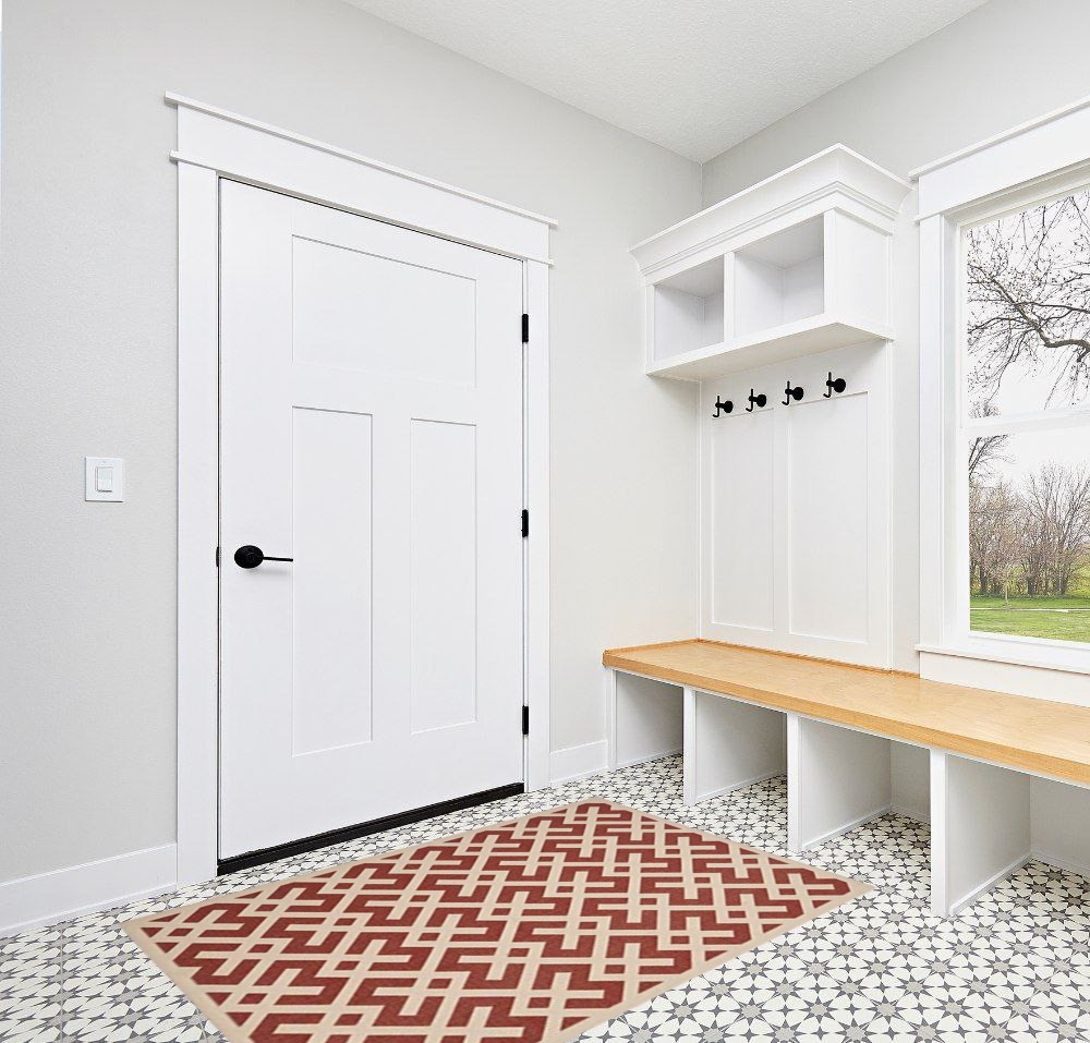 SAFAVIEH Courtyard Collection 4' x 5'7" Red/Bone CY6915 Indoor/ Outdoor Waterproof Easy-Cleaning Patio Backyard Mudroom Accent-Rug in White Modern Entryway