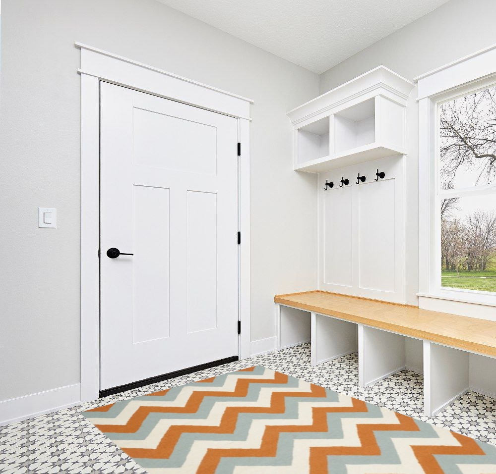Safavieh 5' x 8' Dhurries Dhu640c Terracotta / Blue Rug in White Modern Entryway