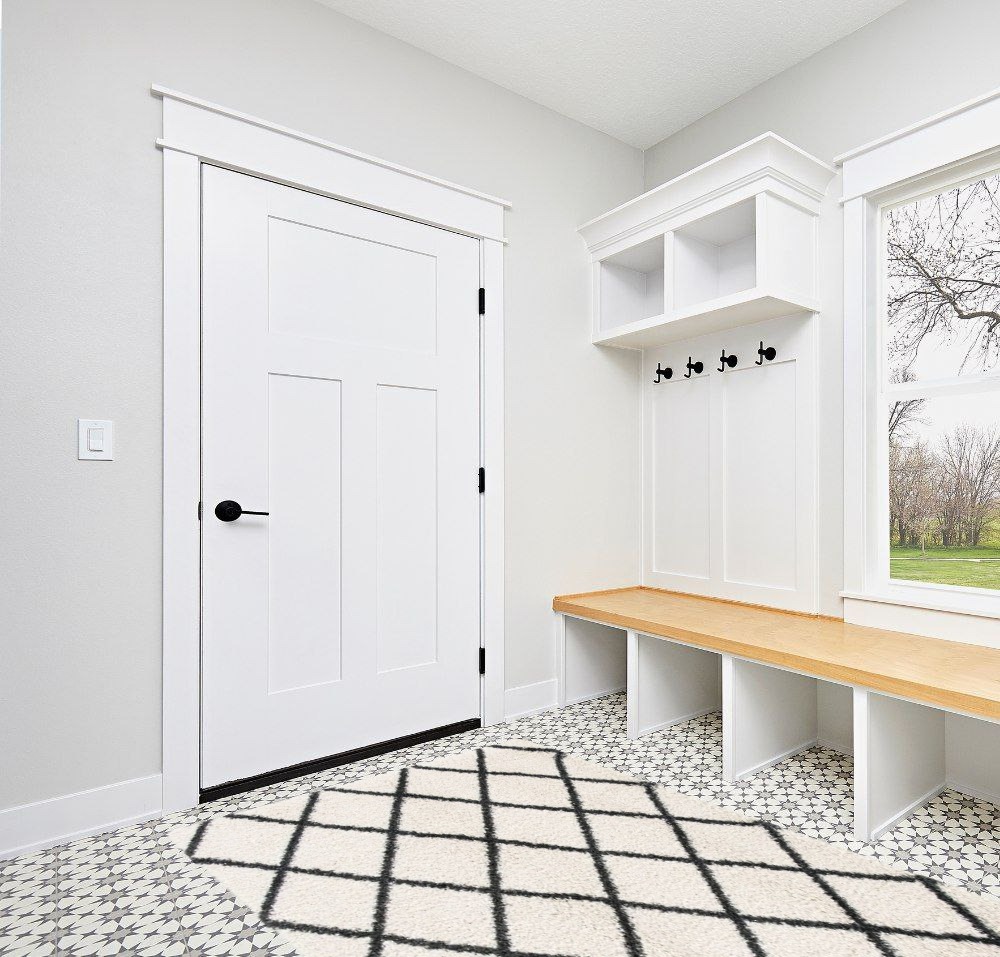 Marrone Geometric Ivory/Black Area Rug George Oliver Rug Size: Rectangle 5'1" x 7'6" in White Modern Entryway