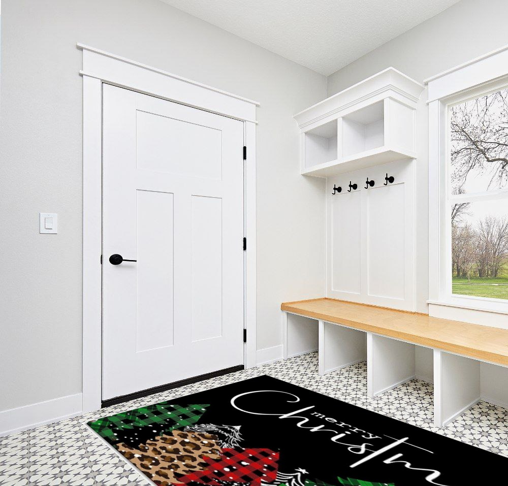Merry Christmas Area Rug for Living Room Bedroom 5x8, Large Runner Rug Carpet Washable Rugs Non-Shedding Floor Cover Mat for Kitchen Dining Kids Room Decor Christmas Tree Black Texture in White Modern Entryway