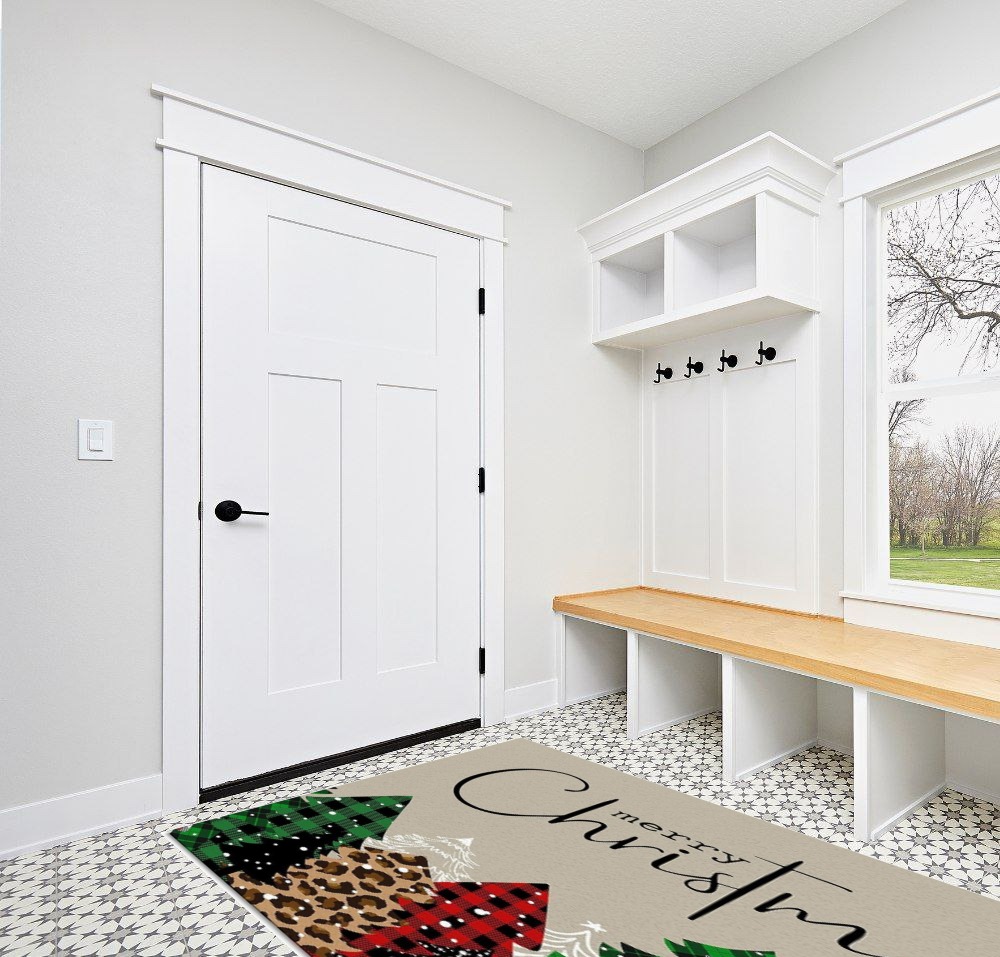 Merry Christmas Area Rug 5 x 8, Washable Bedroom Rug Non-Slip Kitchen Rugs Non Shedding Floor Cover Mat Runner Rug for Living Room Dining Room Outdoor Carpet Christmas Tree Brown Texture in White Modern Entryway