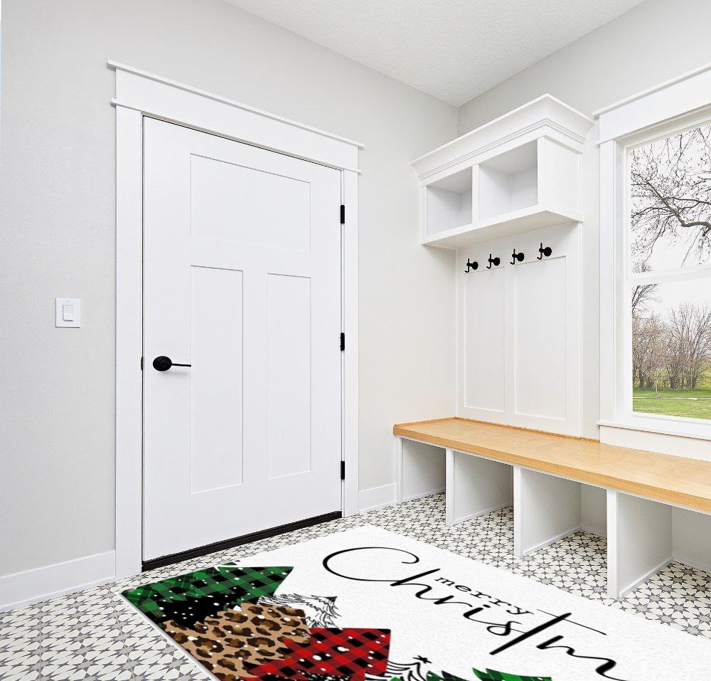Merry Christmas Area Rug 5 x 8, Washable Bedroom Rug Non-Slip Kitchen Rugs Non Shedding Floor Cover Mat Runner Rug for Living Room Dining Room Outdoor Carpet Christmas Tree Buffalo Plaid Texture in White Modern Entryway